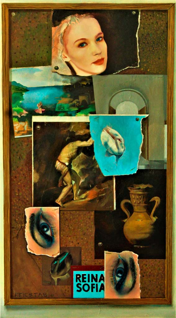 “Al Centro de Arte Reina Sofía” (serie Collages) Óleo sobre tabla, 82 x 42. 2020.